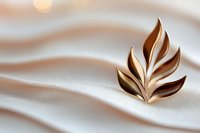 Elegant golden leaf brooch on soft white silk fabric with gentle folds creating flowing lines and subtle shadows. Minimalist jewelry photography with warm tones.