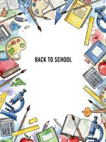 Back to school frame with educational supplies, stationery and learning tools arranged around white center space for text or design elements.