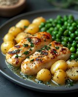 Grilled sausages with roasted potatoes and green peas on dark plate. Traditional comfort food meal with herbs and seasoning for dinner recipes.