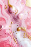 Pink and gold marble abstract background with swirling liquid texture, metallic foil splatters and flowing patterns for luxury design projects.