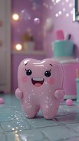 Smiling pink tooth character with kawaii face on bathroom tiles, sparkly glitter texture and bokeh lights in background, dental care concept for children.