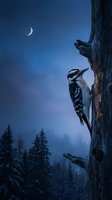 Downy woodpecker perched on dead tree trunk during twilight hour with crescent moon visible in deep blue sky above winter forest landscape.