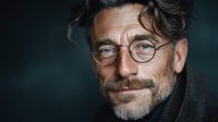 Mature Caucasian man with glasses and beard smiling warmly in professional portrait with dark background for business and lifestyle concepts.