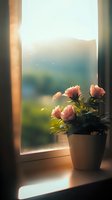 Pink roses in white pot on windowsill at sunset, soft natural lighting creates romantic atmosphere with blurred outdoor landscape background and sunbeams through window.