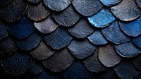 Metallic blue and black fish scales in overlapping pattern create dramatic texture and shine. Dark mysterious marine background with iridescent reflections.