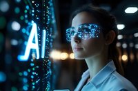 Young Asian woman wearing futuristic glowing glasses stands near digital display with AI text, blue neon lights creating cyberpunk atmosphere in dark space.