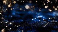 Abstract cosmic network with glowing particles and constellation lines connecting nodes in deep blue space with golden bokeh lights for technology backgrounds.