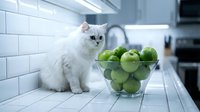 White fluffy cat sitting next to glass vase filled with green apples on kitchen counter with white subway tile backsplash and modern appliances.
