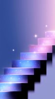 Mystical stairway to stars with gradient blue and pink cosmic steps ascending diagonally against dark background, sparkling with ethereal light effects.