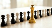 Golden chess king piece standing out among row of black and white pawns on wooden board representing leadership, strategy, and business hierarchy concepts.