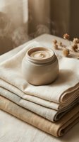 Open jar of face cream on folded linen towels with steam and dried flowers, natural skincare concept in warm beige tones.