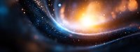 Cosmic abstract background with glowing light trails and particles in deep space, featuring vibrant orange and blue colors against dark universe backdrop.