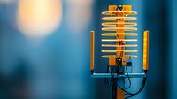Cellular antenna tower with yellow and blue components against blurred bokeh background, modern telecommunications equipment for mobile network coverage.