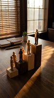 Wooden figurines arranged on ascending blocks symbolizing career growth and leadership development in warm office setting with natural sunlight.