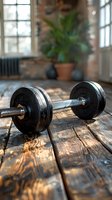 Black dumbbell on rustic wooden floor in cozy home gym setting with natural window light and potted plant, perfect for fitness and wellness lifestyle content.