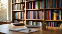 Cozy home library with wooden bookshelves filled with colorful books, natural window light illuminating reading desk with open book and coffee cup.