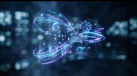 Futuristic holographic interface with glowing blue and purple light trails, digital data visualization and network connections for technology presentations.