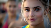 Young woman with natural makeup and blonde hair in updo smiling warmly at sunset, soft bokeh background creates dreamy atmosphere for beauty and lifestyle content.