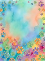 Watercolor gradient background with colorful paw prints in rainbow hues, isolated on white. Suitable for pet-related designs, animal lovers' projects, greeting cards, and children's artwork applications.