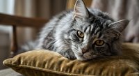 Adorable gray tabby kitten with golden eyes resting on yellow cushion in cozy home interior, domestic pet relaxing indoors for lifestyle and animal content.