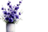 Purple wildflowers in white ceramic vase on clean white background. Delicate botanical arrangement with soft petals and green foliage for home decor projects.