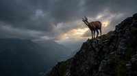 Majestic stag silhouetted against dramatic storm clouds on mountain ridge at sunset, wildlife photography showcasing nature's raw power and beauty in alpine wilderness.