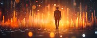 Silhouette of man walking towards glowing orange city lights reflected on wet surface, surrounded by bokeh effects and vertical light beams in dark atmosphere.
