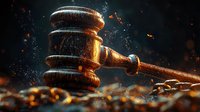 Dramatic wooden gavel with flying sparks and particles against dark background, symbolizing power and justice in legal proceedings and courtroom decisions.