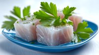 Fresh raw tuna sashimi cubes garnished with parsley on blue plate, ready for gourmet seafood cuisine and healthy dining experiences.