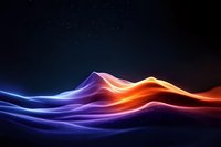 Glowing abstract waves of blue, purple and orange light creating dynamic mountain-like shapes against dark background with sparkles and energy effects.