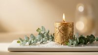 Elegant golden candle with eucalyptus branches on white tray creating warm ambient lighting for spa relaxation and home decor styling.