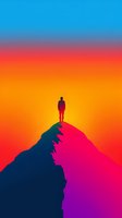 Silhouette of person standing on mountain peak against vibrant gradient sky with orange sunset and purple-pink tones, minimalist artistic composition.