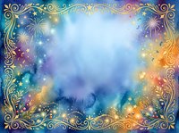 Ornate golden frame with colorful watercolor gradient background, bokeh lights, and decorative flourishes. Isolated design element suitable for invitations, posters, and digital artwork.