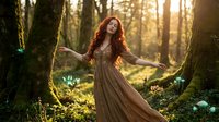 Young Caucasian woman with long red hair in flowing brown dress dancing gracefully in enchanted forest during golden hour sunset with magical lighting.