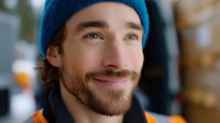 Young Caucasian man with beard wearing blue winter beanie hat smiling warmly at camera. Close up portrait showing genuine happiness and confidence against blurred background.