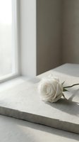 Single white rose resting on a stone surface in soft natural window light, evoking purity, romance, and minimalist elegance.