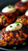 Grilled chicken breast with spicy seasoning crust topped with creamy sauce and fresh chopped green onions on black plate, close up macro food photography.