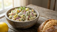 Creamy potato salad with fresh herbs, corn, and red onion in rustic bowl, served with bread and lemon for lunch or dinner meal preparation.