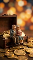 Elderly couple figurines sitting on treasure chest surrounded by golden coins with warm bokeh background for retirement planning and financial security concepts.