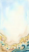 Watercolor beach scene with sandy shore, seashells, starfish, and ocean waves in soft blue and gold tones, ideal for summer designs, greeting cards, and coastal-themed projects.