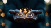 Glowing magical human figures floating above cupped hands with sparkles and light particles against dark background with bokeh lights creates mystical atmosphere.