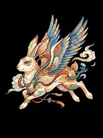 Ornate winged rabbit with decorative patterns in cream, blue, and rust tones, isolated on transparent background. Ready for t-shirts, stickers, clipart, sublimation, and print-on-demand designs.