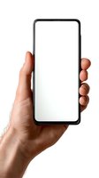 Hand holding modern smartphone with blank white screen isolated on white background for mockup or app design presentation.