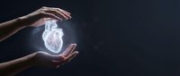 Protective hands surrounding glowing anatomical heart symbol representing healthcare, medical protection, cardiology care and wellness concept on dark background.