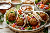 Falafel pita wraps with fresh vegetables, herbs and dipping sauces served on wooden board. Middle Eastern vegetarian street food with hummus and tahini.