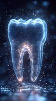Glowing digital tooth with luminous blue energy effect and sparkling particles on dark background, dental care concept for medical presentations and healthcare design.