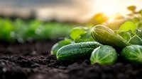 Fresh green cucumbers growing in organic garden soil at sunset, with water drops on vegetables and natural sunlight creating atmospheric scene.