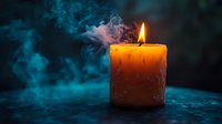 Glowing yellow candle with rising smoke against dark background creates mystical atmosphere, dramatic lighting highlights wax texture and dancing flame.