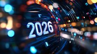 Futuristic digital speedometer displaying 2026 with glowing neon lights and motion blur effects for technology and future concepts.