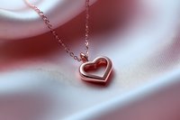 Rose gold heart pendant necklace on delicate chain against soft pink silk fabric background with gentle folds creating romantic mood and lighting.